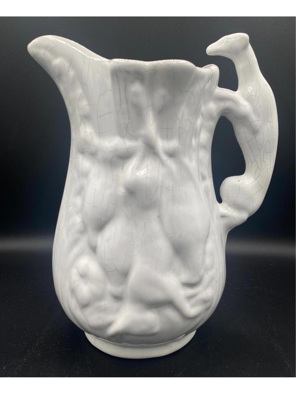 Vintage Hunting Scene Pitcher Greyhound Handle Fox Rabbit Relief Ceramic Jug